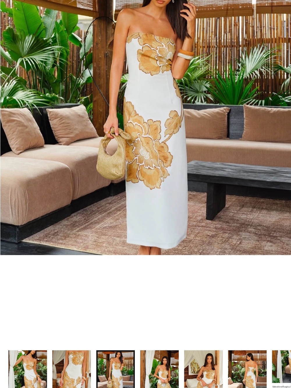 Commense Strapless White Dress with Gold Floral Design